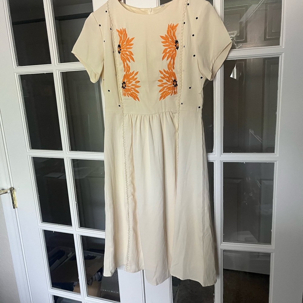 ROOLEE Cream Linen Cotton Dress Embroidered Orange Flowers